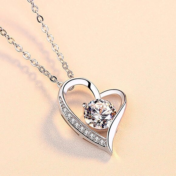 Sterling Silver Heart Necklace for Wife with Cubic Zirconia, Adjustable Chain - Picture 5 of 5